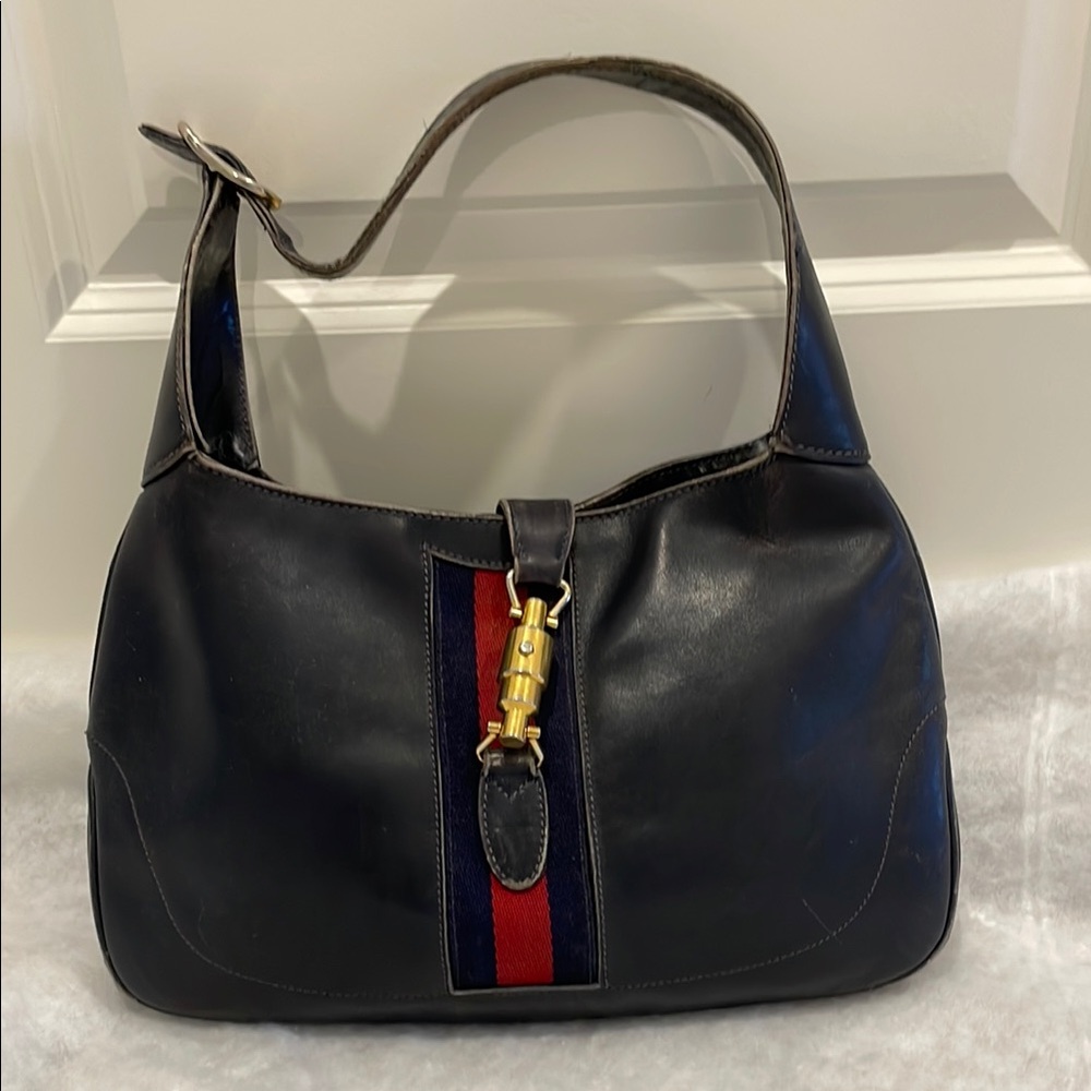 Gucci Black Leather Shoulder Bag with Red and Blue Web Stripe